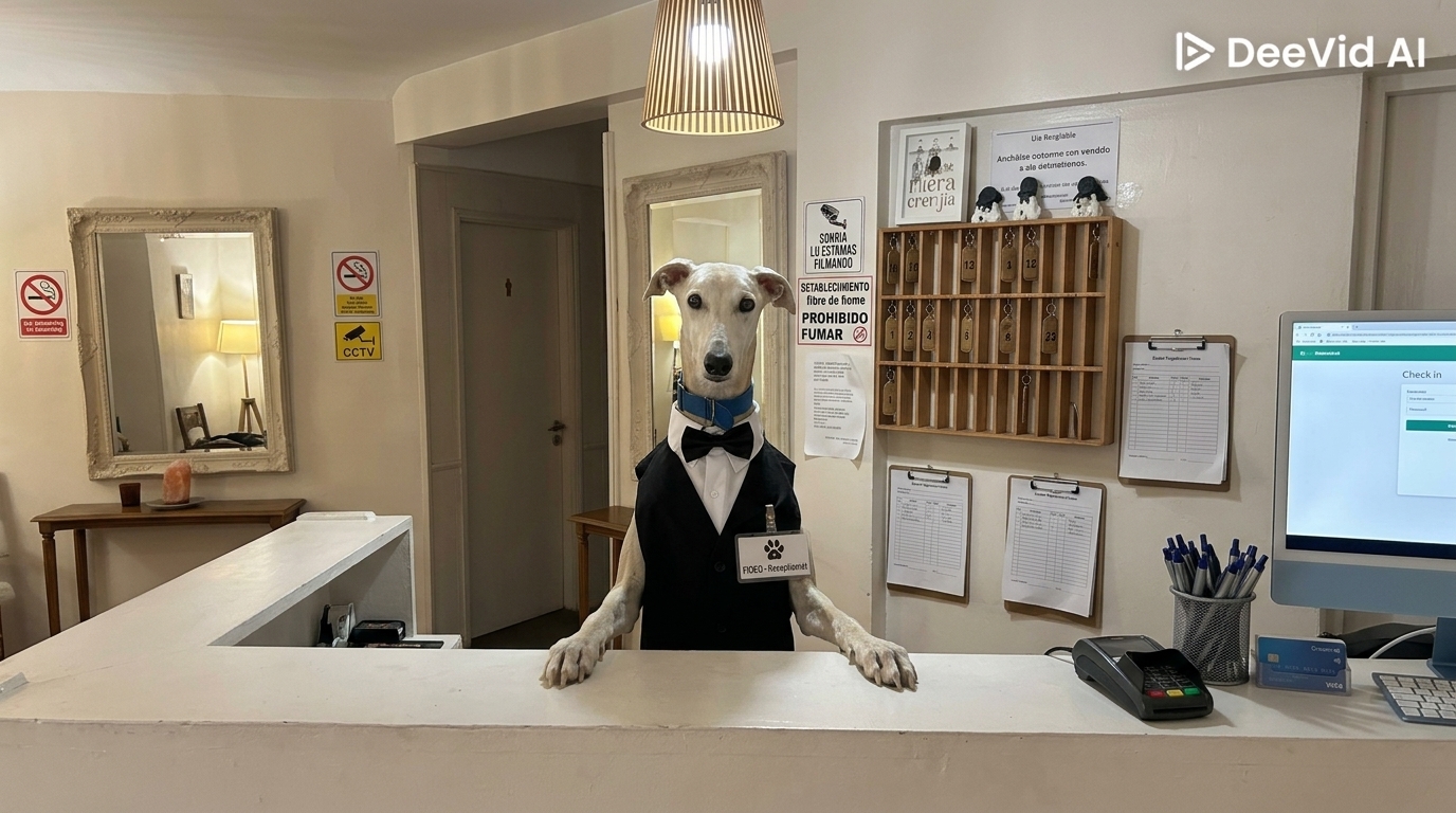 Fideo, el perro recepcionista de Bunkker Pinamar con su traje